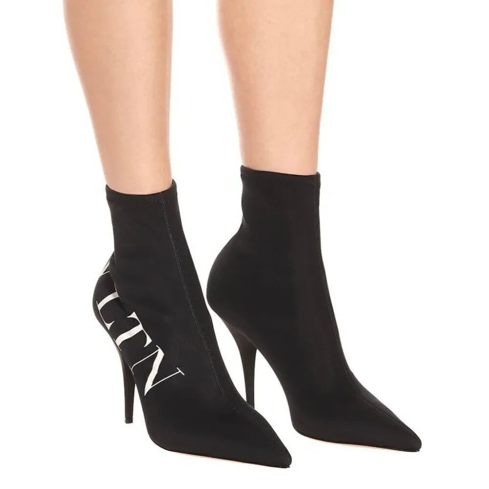 VALENTINO GARAVANI Black Stiletto Heel VLTN Logo Sock Ankle Boots Size E…